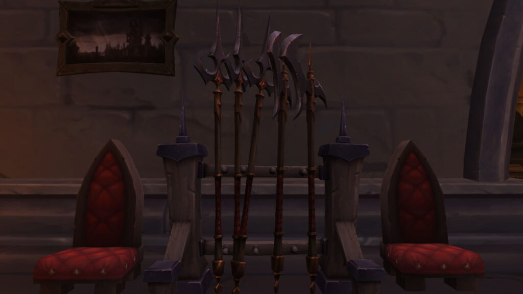 WoW chairs and a rack with weapons